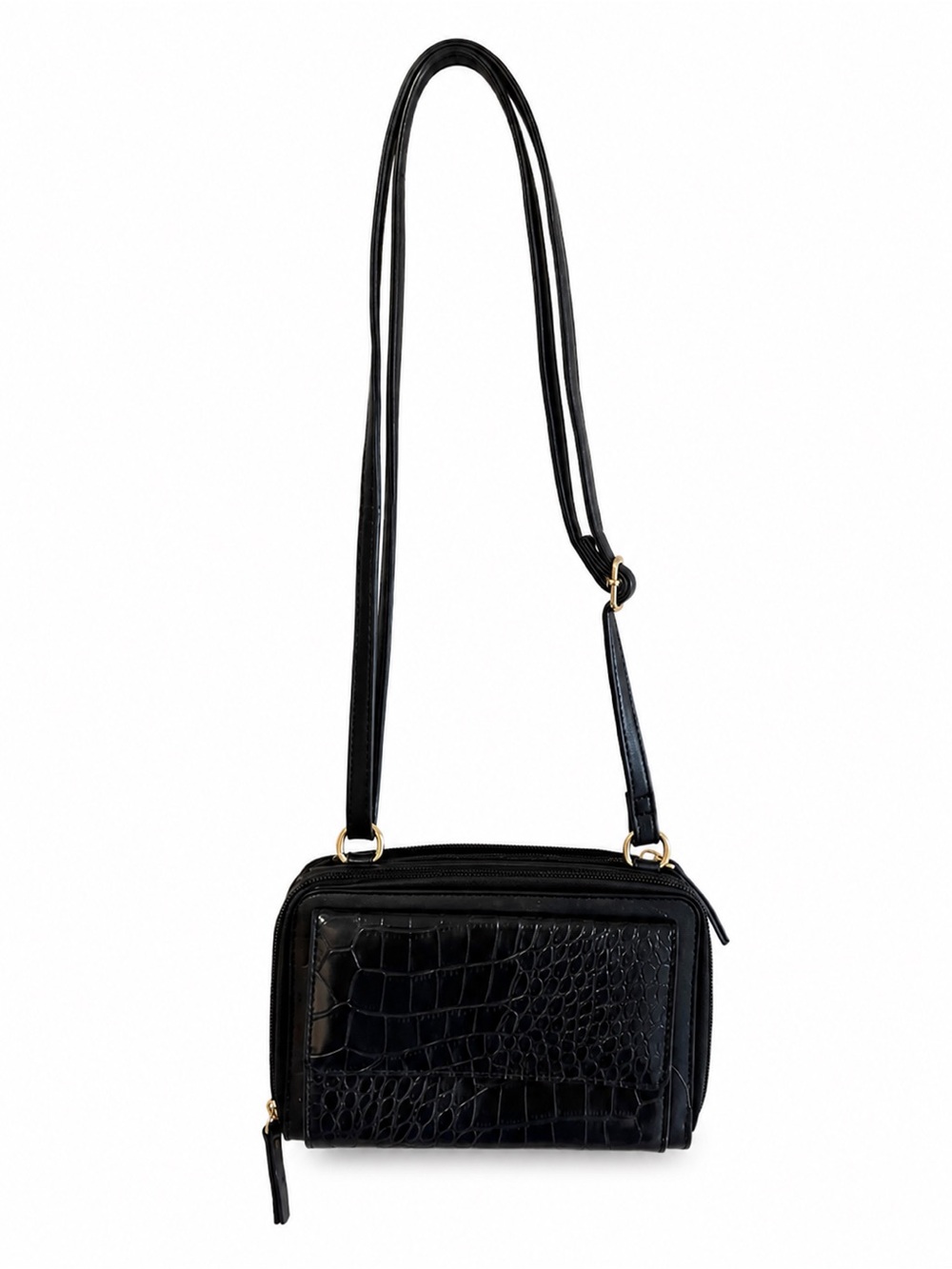 Black Croc Embossed Crossbody Wallet Purse Phone Bag RFID Style New